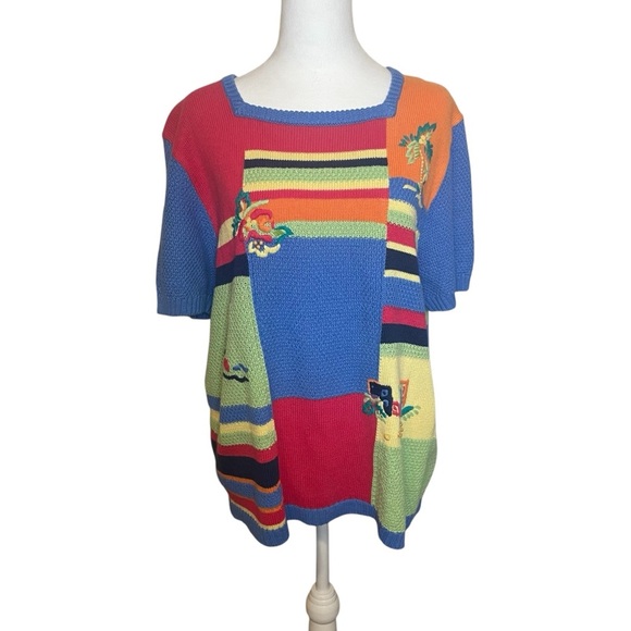 Koret Francisca Vintage Colorful Short Sleeve Embroidered Coastal Sweater XL - Picture 1 of 10
